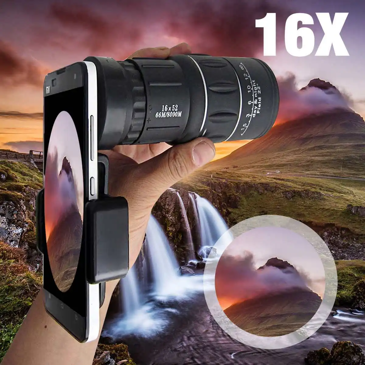 Universal 10x Zoom Lens 16x52 Telescope Monocular Hiking Concert Phone Camera Lens with Clip For