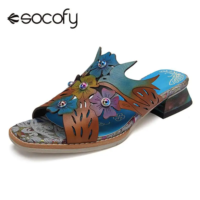 

Socofy Retro Bohemian Women Slippers Summer Vintage Genuine Leather Slides Slippers Chunky Block Heel 3cm Ladies Shoes Woman New