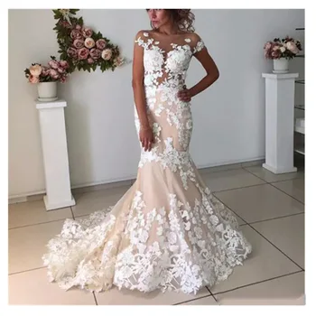 

Champagne Mermaid Wedding Dresses Lace flowers Backless 2019 Robe De Mariee Vintage Lace Bridal Gown Lace Up Back
