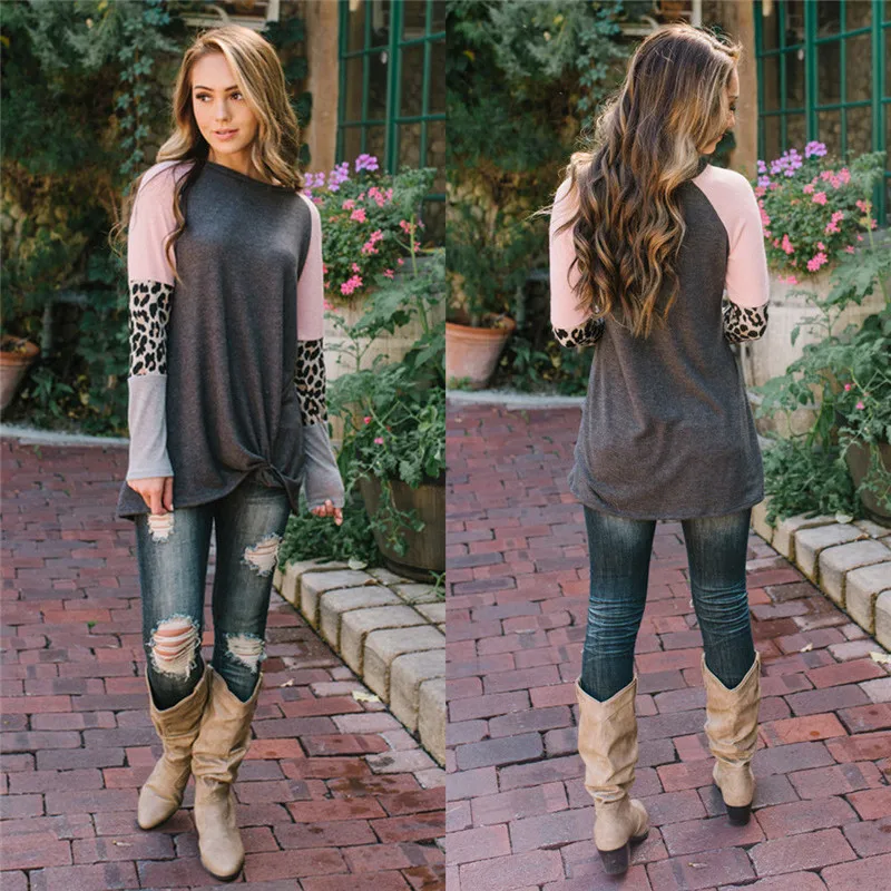 

Trendy Women clothes pullover cotton Leopard Print Tops Long Sleeve round Neck Autumn Loose T-Shirts one pieces