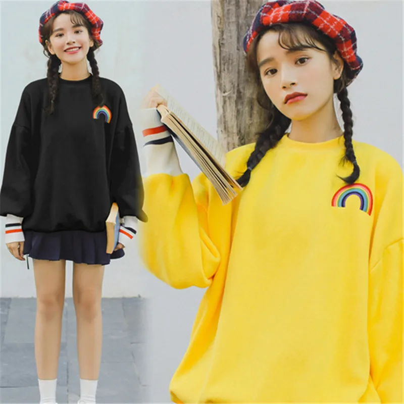 

Autumn Korean Ulzzang Womens Warm Kawaii Sweatshirts Rainbow Print Oversized Tracksuits Long Sleeve Harajuku Pullovers Tops