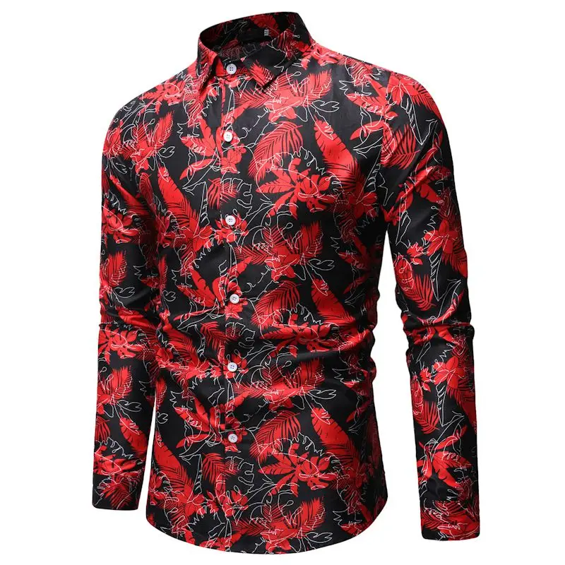 Mens Red Leaves Print Shirt 2019 Fashion Long Sleeve Male Black Wedding Dress Shirts Hawaiian Beach Party Holiday Chemise Homme