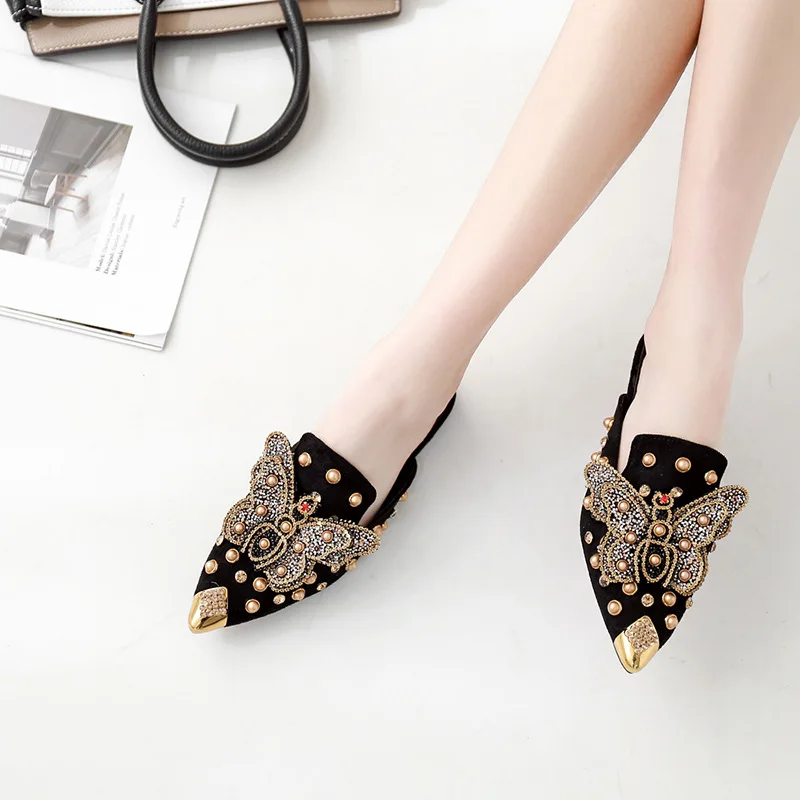 

SWONCO Women Flat Mules Slipper Pointed Toe 2019 Fashion Rivet Summer Shoes Women Black/pink Shoes Female Luxury Half Slippers