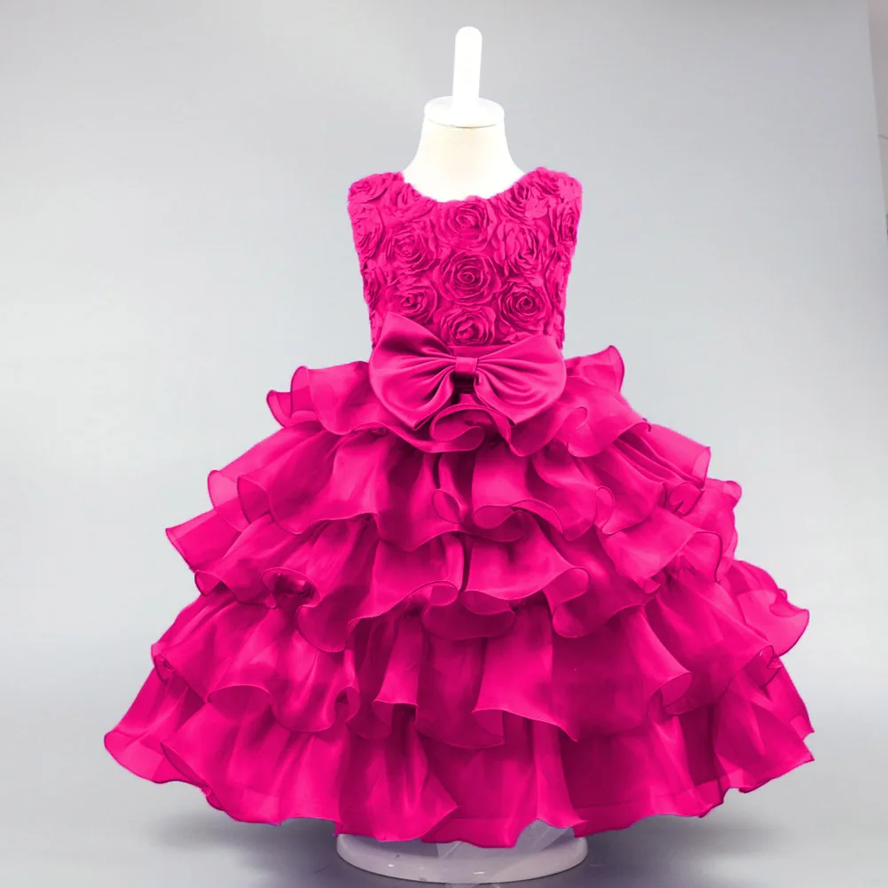 Детские платья детей Вечернее платье трехмерная Роза принцессы с бантом пышная и асимметричная Свадебное платье с цветочным узором для девочек