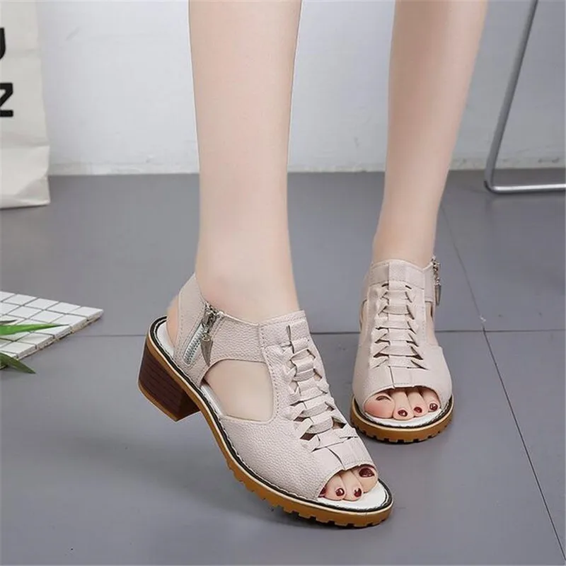

2018 Hot Vintage Elegant Mid Square Heel Women's Sandals Summer Style Peep Toe Cross Tied Side Zip Design Shoes Woman