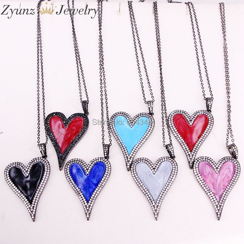

5 Strands ZYZ320-7089 Pave CZ Enamel Heart Pendant Ncklace, Designer Enamel Pendant, Enamel Heart Pendant Link Chain Necklace
