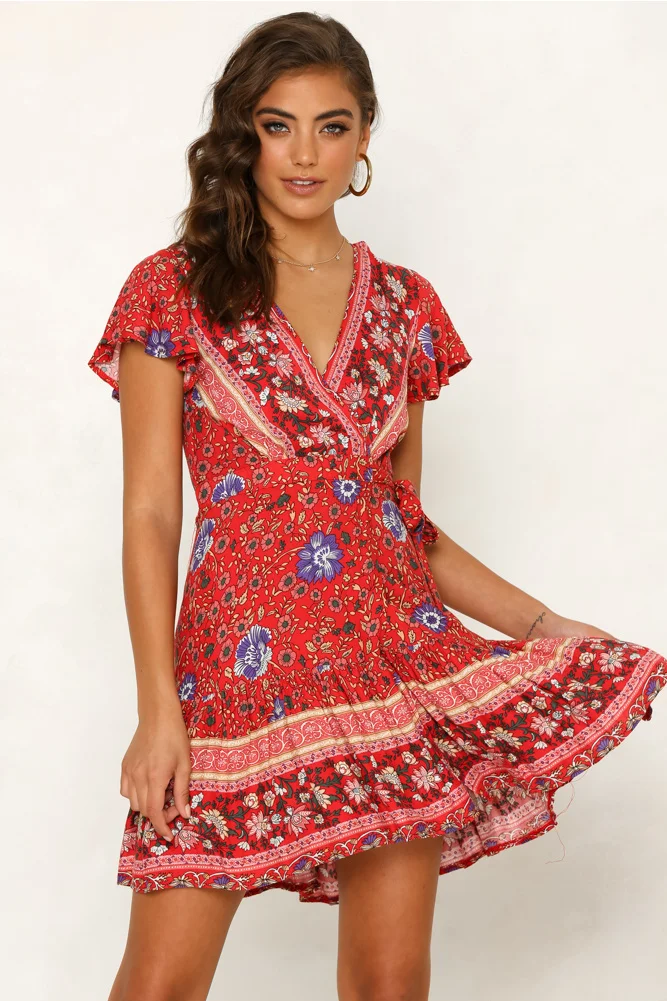 Винтажное женское мини-платье с коротким рукавом, оборками и цветочным рисунком, женское праздничное повседневное летнее платье с v-образным вырезом, сарафан в стиле бохо