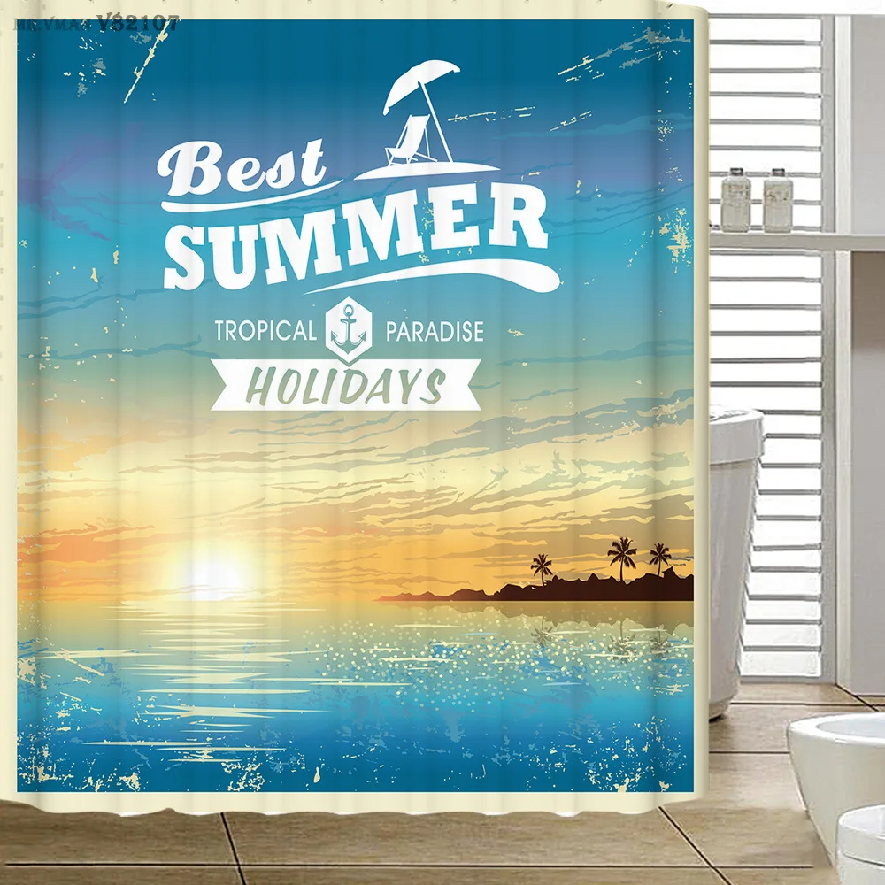 Mediterranean style summer printing bath curtain polyester shower