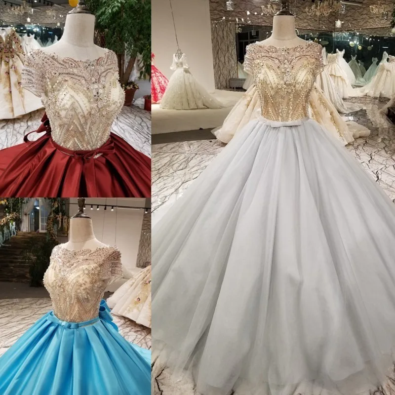 

2020 New Fashion Eppliqued Embroidery Beading Crystal With Bow Sashes Long Train Red And Blue Gray Three Color Wedding Dress