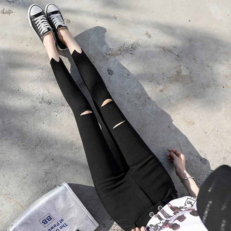 Loyalget New wild black tight pencil pants Ladies Jean Trousers High Waist Hole Zip Belt Plain Pants Women Elegant Crop Loyalget New wild black tight pencil pants Ladies Jean Trousers High Waist Hole Zip Belt Plain Pants Women Elegant Crop