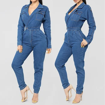 

2019 New Spring Women'S V Neck Denim Jumpsuit Jeans Rompers Bodycon Overall Playsuit Clubwear Blue Ol Chic Lady Hot Jumpsuits