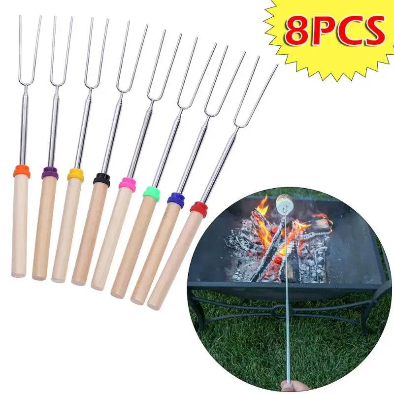 8 pcs Telescopic Roasting Marshmallow Barbecue BBQ Sticks Skewers Fork