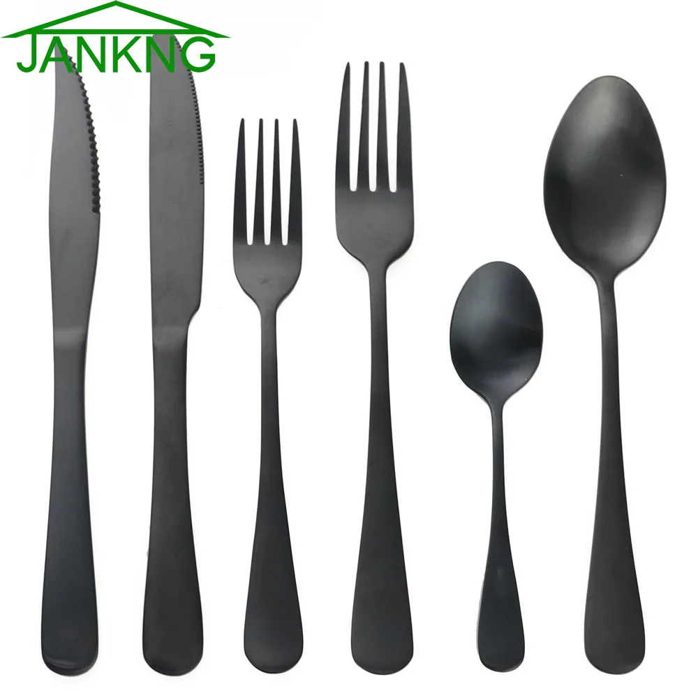 

JANKNG 6Pcs/set Dinnerware Set Stainless Steel Matte Black Cutlery Set Knife Vintage Forks Set Tableware Plate Drop Shipping