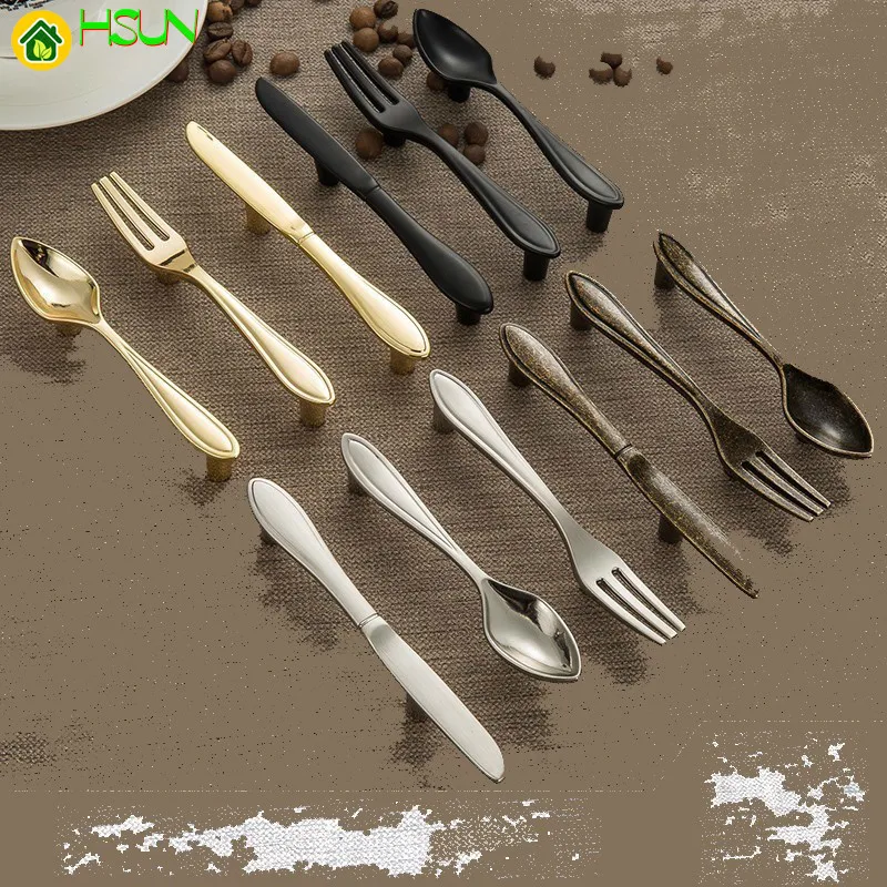 

2pcs Fashion Zinc Alloy Cabinet Handles Kitchen Spoon Fork Knife Cupboard Handles Drawer Knobs Novelty Furniture Handle 76mm