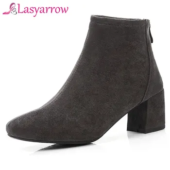 

Lasyarrow Suede Ankle Boots Back Zipper Botas Mujer Fashion Sexy Sock Boots Block High Heels Square Toe Short Martin Boots Women