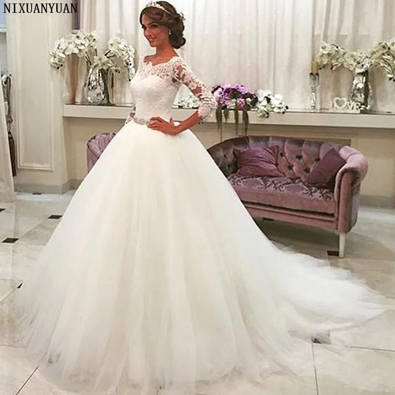 

Gorgeous White Lace Appliques Ball Gown Wedding Dresses 2019 Crystal Sash Zipper Back Wedding Gowns Robe De Mariee Trouwjurk