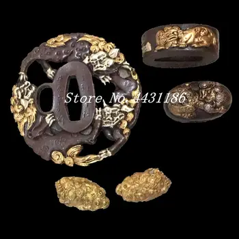 

HANDMADE LION THEME JAPANESE SAMURAI SWORD KATANA DIY BRASS FITTING- TSUBA/FUCHI/KASHIRA/MENUKI