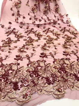 

Popular sequined lace fabric, tulle lace embroidered fabric for ladies, high quality African lace burgundy RF30181