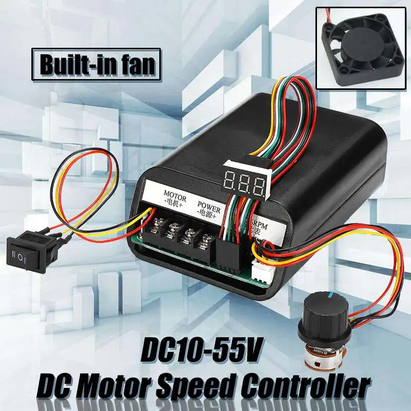 

40A DC Motor Speed Controller Module DC10-55V Adjustable Speed Regulator Control Governor Switch Built-in Fan