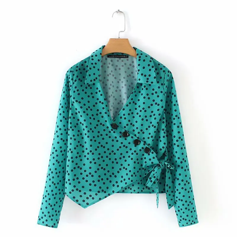 

2019 Summer Polka Dot Printing Tops Asymmetrical Button T-Shirt V-Neck Irregular Hem Tees Long Sleeve Green Smocks