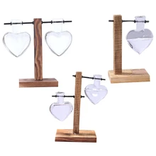 Прозрачная стеклянная настольная современная стеклянная ваза в форме сердца с деревянной подставкой в форме шара в форме сердца, гидропонная ваза для цветов, террариум