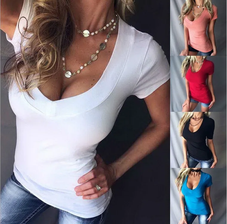 

Women Sexy T-Shirt 2019 Summer V-Neck Short Sleeve Casual Slim Shirt Solid Female Plus Size tShirt Tops Tees S-5XL Women Clothe