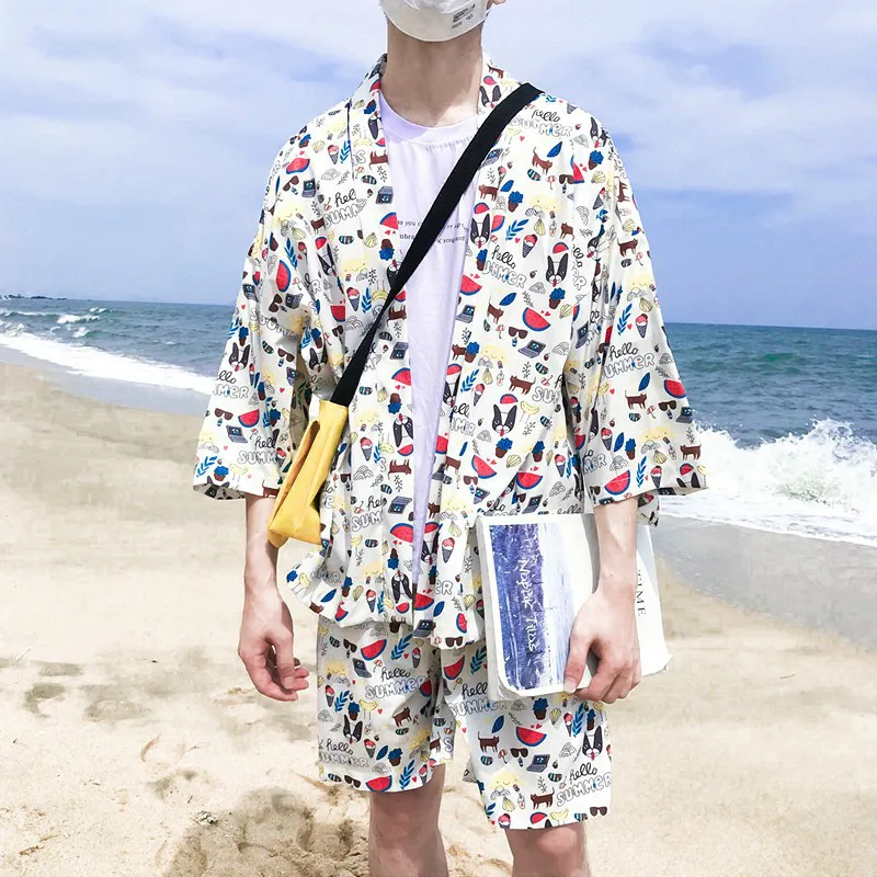 Спортивный костюм для молодых мужчин с принтом арбуза, мороженого, пляжный Повседневный свободный комплект одежды, летний Гавайский Мужской комплект из 2 предметов, плюс 2XL