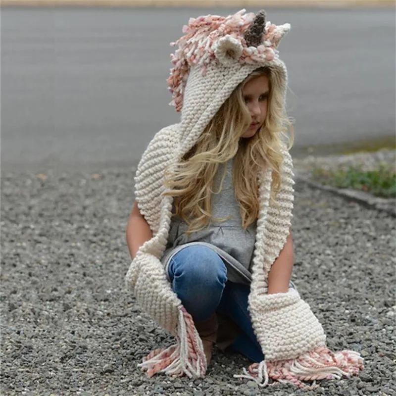 Baby Kint Unicorn Animal Cartoon Hat for Girls Warm Tassel Hand Made Clothes  Winter New Children's Cap  2-8 Years