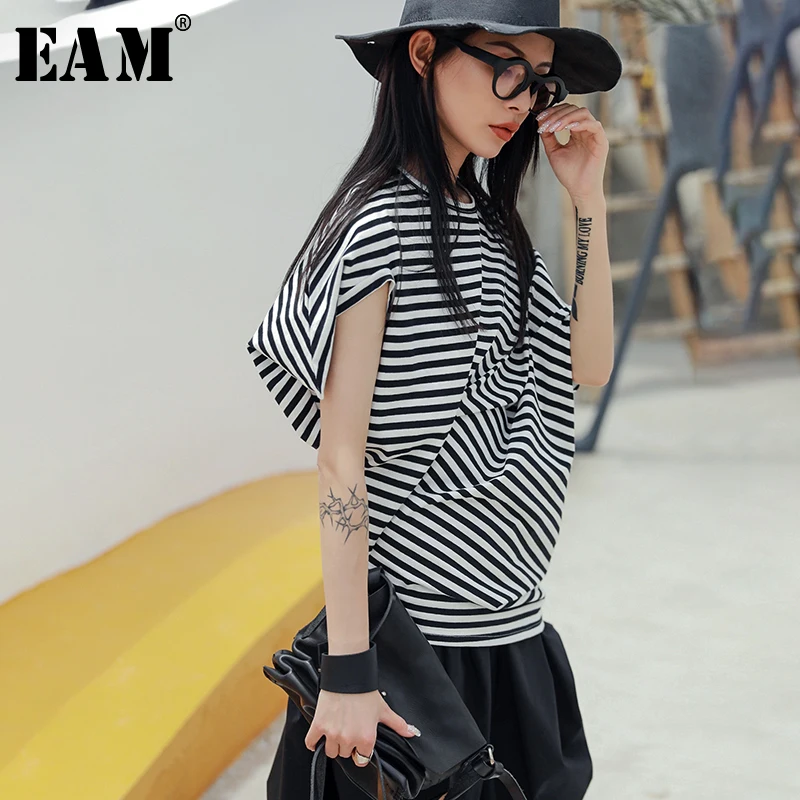 

[EAM] 2019 New Spring Summer Round Neck Short Sleeve Black Striped Split Joint Irregular Personality T-shirt Women Fashion JU432