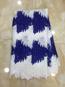 

Nigerian Guipure Lace Fabric For Big Occasion 2019 New Arrival Royal Blue White Cord Lace With Stones African Mesh Fabric 5yards