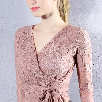 

Lace Upper Garment Sexy Deep V Low Chest Long Sleeve Woman T Shirt
