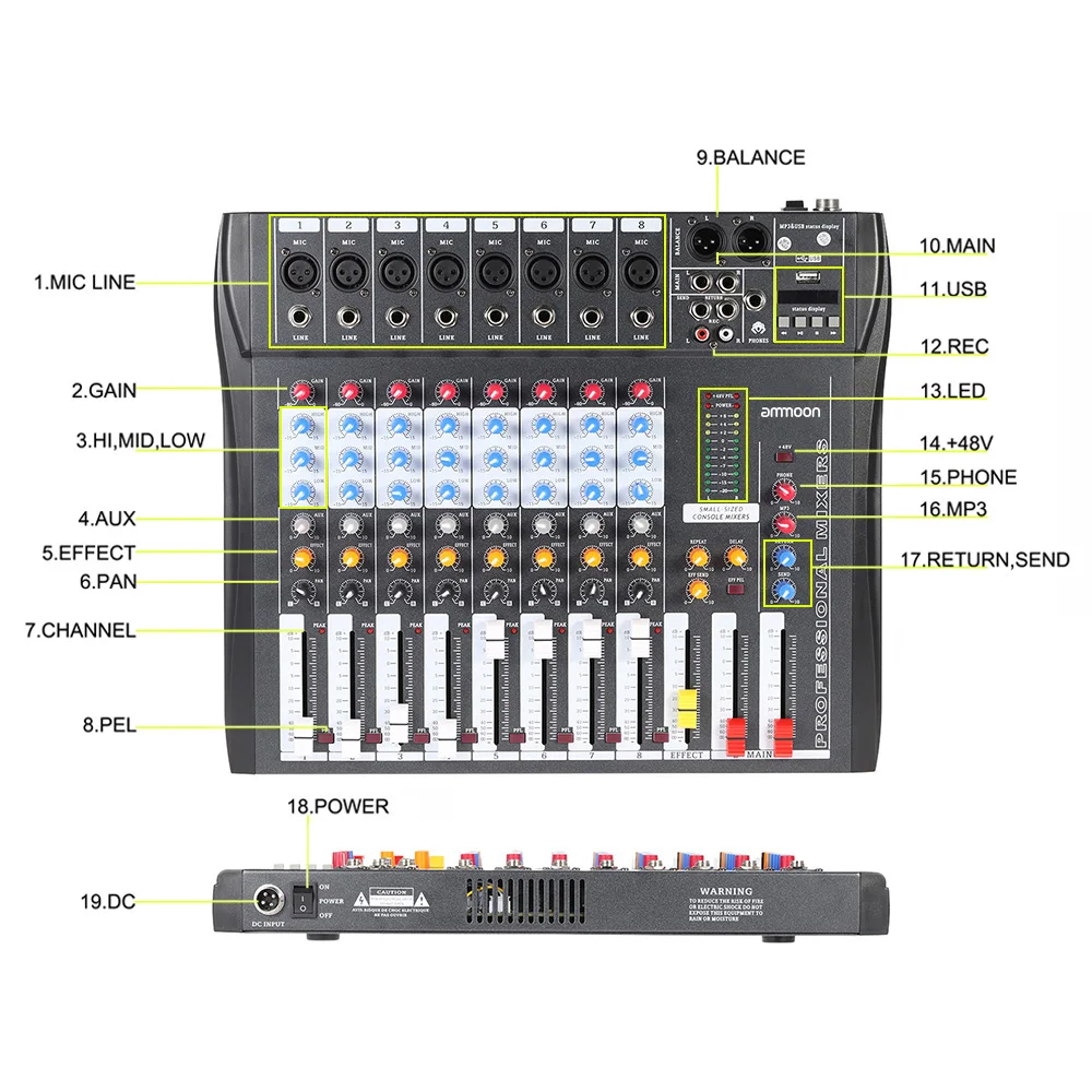 Ammoon CT80S-USB 8 канальный микшер цифровой микрофон линия микшерный пульт с 48В Мощность для Запись для ди-Джея свет для сцены парти караоке музыкальный плеер