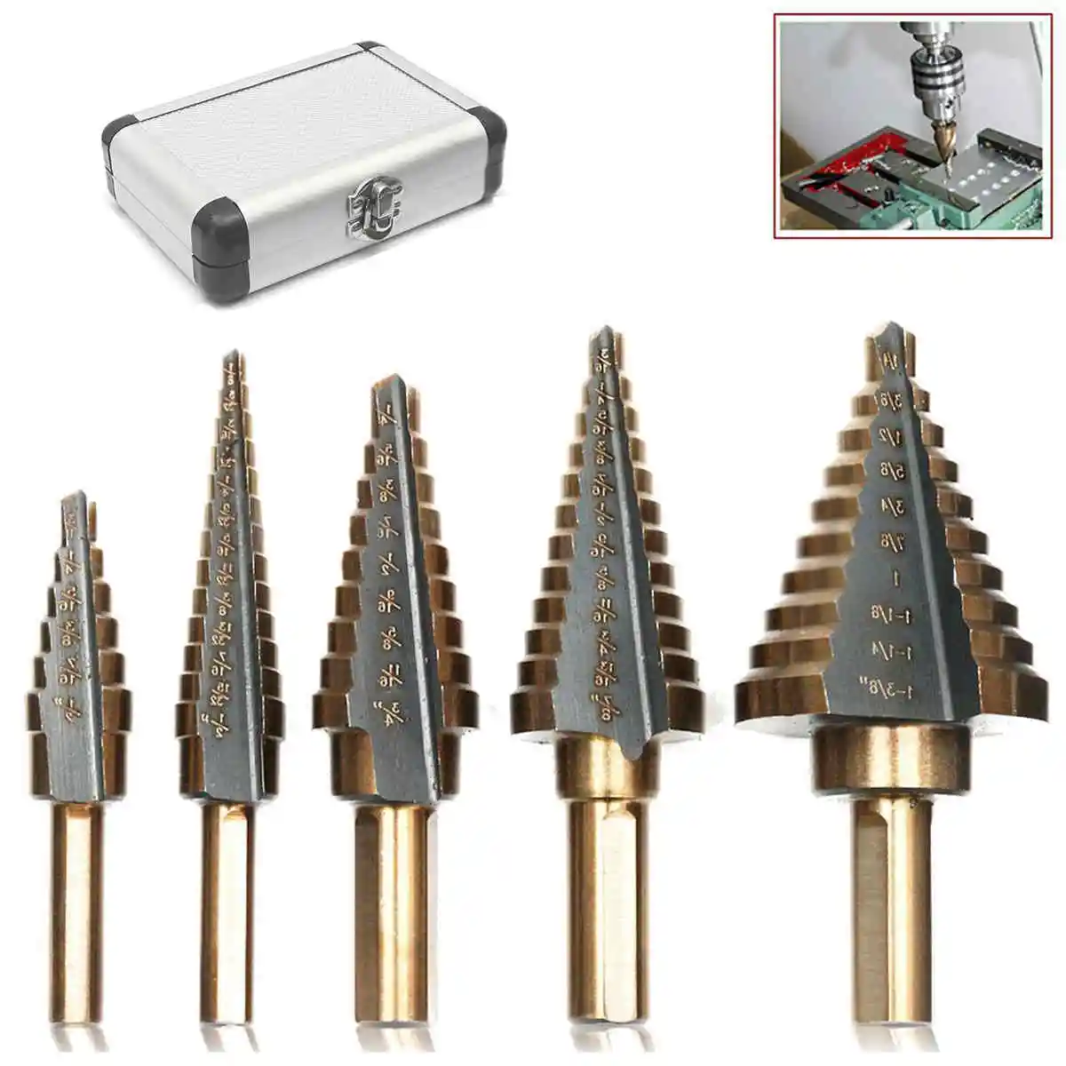 Cortador de Buraco de Titânio Conjunto de Ferramentas Cobalt Grande Cone Passo Broca w – Case 5 Pcs x Hss