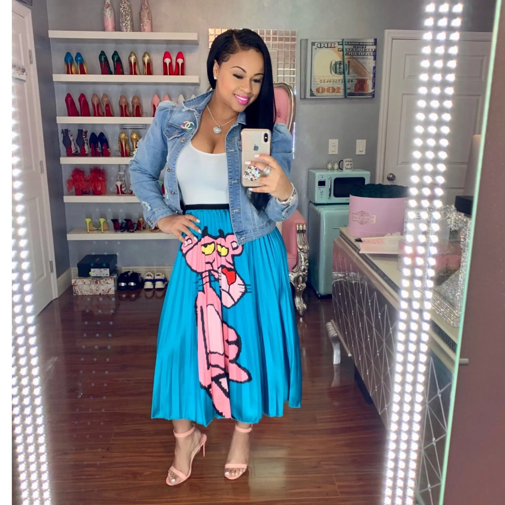 

2019 new women vintage cartoon print high waist mid-calf length pleated dress fashion activ casual draped dress S-2XL TS928