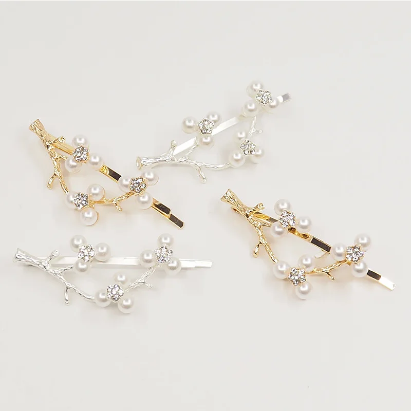 

Gifts Hair Accessories Rhinestone Hair Clips Golden 1PC Silver Flower Plum Blossom Crystal Ornament Leaf 2019 New Arrival Pearl