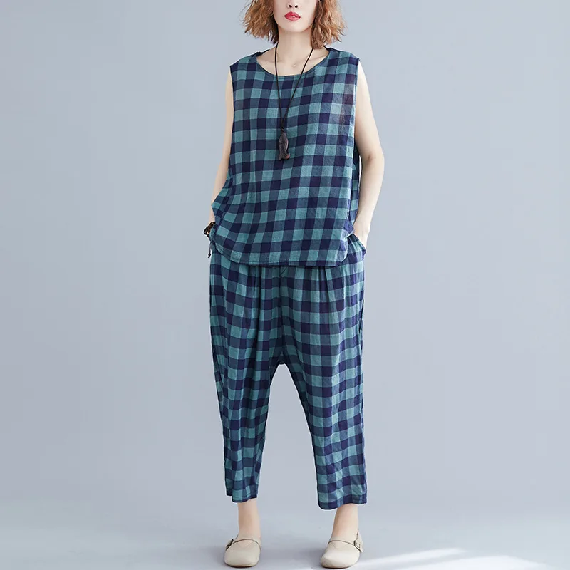 

2019 Summer Office Lady O Neck Plaid Print Sleeveless Ankle Length Pants Loose Linen Women Sets Jl-gm2112