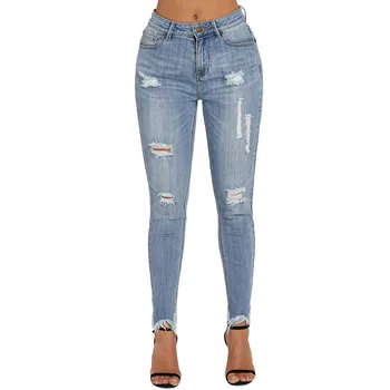 

Leisure High Waist Elastic Force Bound Feet Blue Holes Jeans Woman