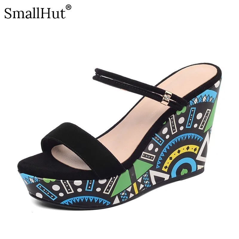 

10 cm Wedges Platform Sandals Women Summer Nature Suede Ladies High Heels Fashion Totem Black Women Outside Slides Shoes D041