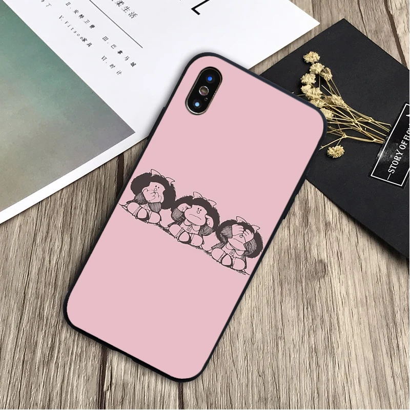 Mafalda милый чехол мягкий силиконовый черный ТПУ для телефона iPhone 5 5C 5S SE 6 6plus 7plus 8 8plus