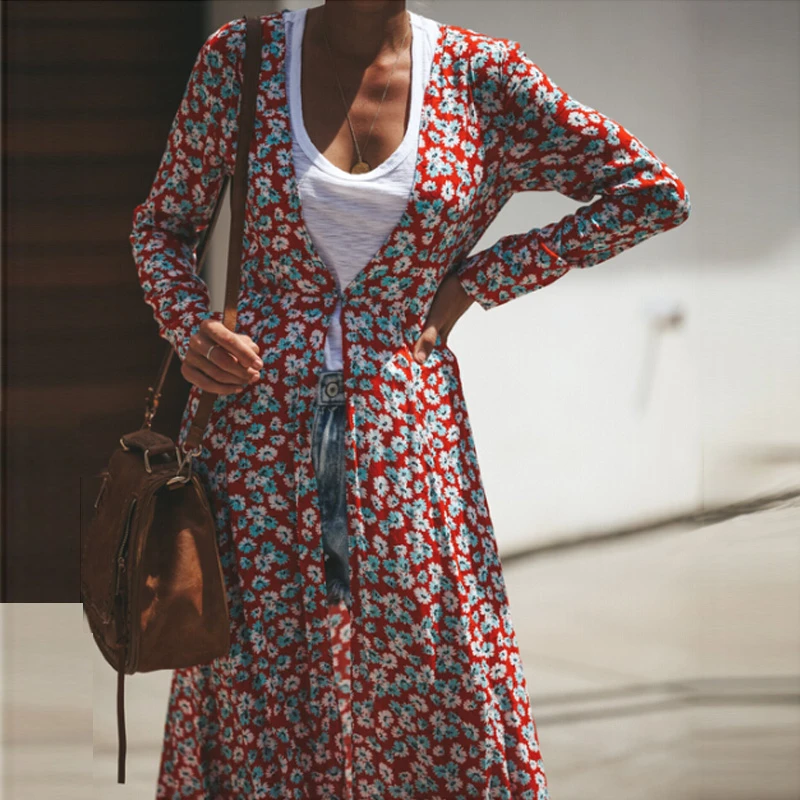 

Women's Beach Floral Printed Boho Dresses Holiday Fall Loose Summer Chiffon Dress Cover Up Polka Dot Long Sleeve Maxi Long Dress