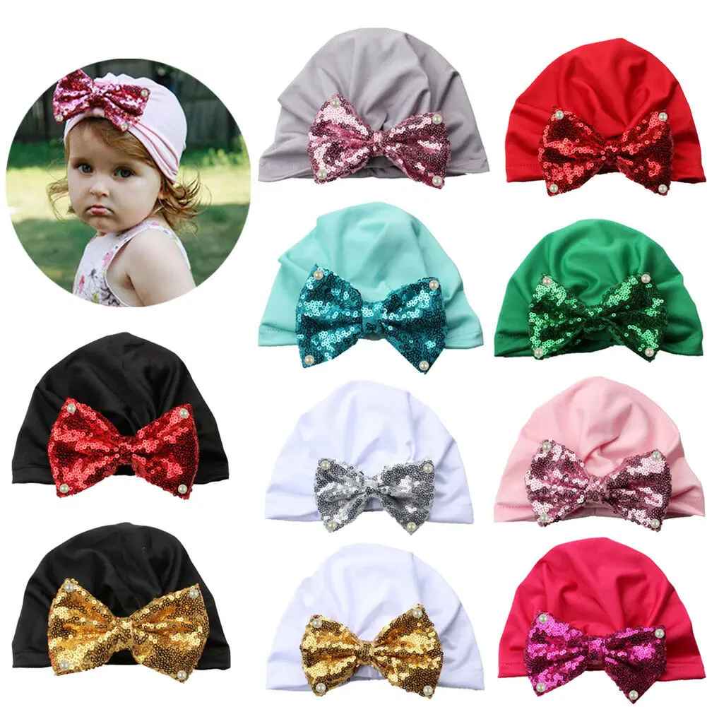 

Hot Solid Newborn Baby Kids Unisex Soft Knotted Sequins Big Bow Cap Wrap Turban Hat Beanie Soft Solid 1Pcs