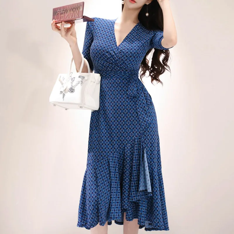 Buy Best 8Y2a6 CINESSD Maxi Dress for Women Summer Blue Drape V neck robe vestidos cotton Sexy female irregular Long loose A line Party Dresses