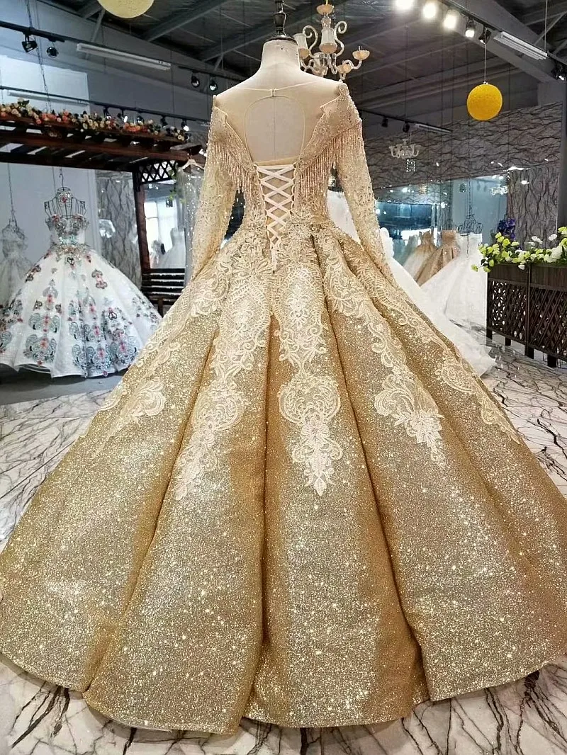 Женское свадебное платье SSYFashion роскошное золотистое с длинными рукавами и