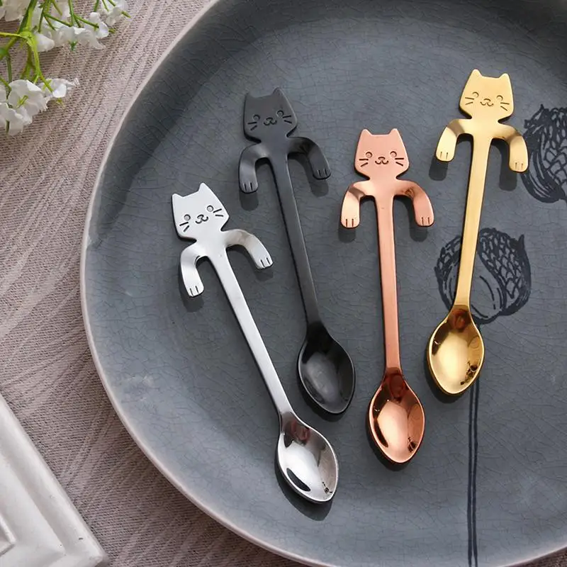 

Cute Spoon 304 Stainless Steel Long Handle Coffee Spoons Flatware Hanging Spoon With Cartoon Cat Shaped Handles Drinking Tools