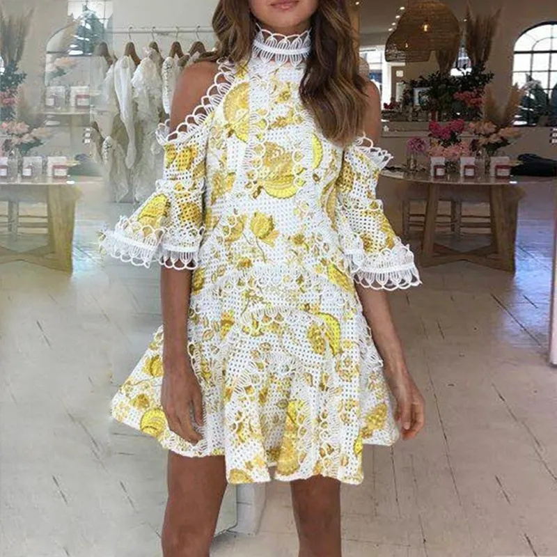 

[MENKAY] Sexy Off Shoulder Women Dress Flare Sleeve Hollow Out High Waist Mini Female Dresses Casual Summer 2019 Clothes