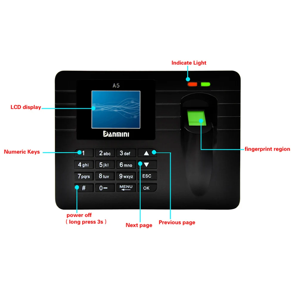 2," TFT ЖК-дисплей Дисплей биометрический устройство для считывания отпечатков пальцев, постоянный ток, 5 В/1A учета рабочего времени Регистраторы сотрудник проверка считывателем A5