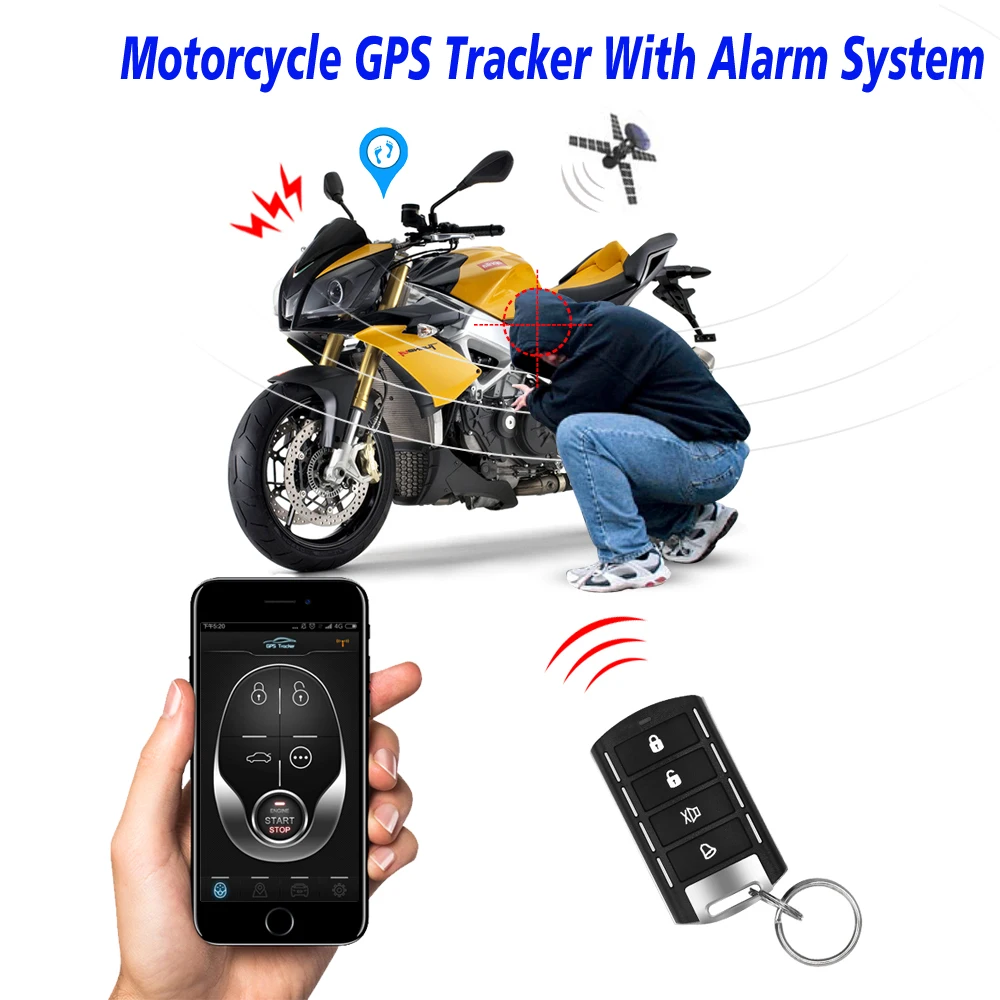 Rastreador gps para motocicleta com controle remoto, + alarme de moto com  android e app iphone com 2 controles remotos - AliExpress