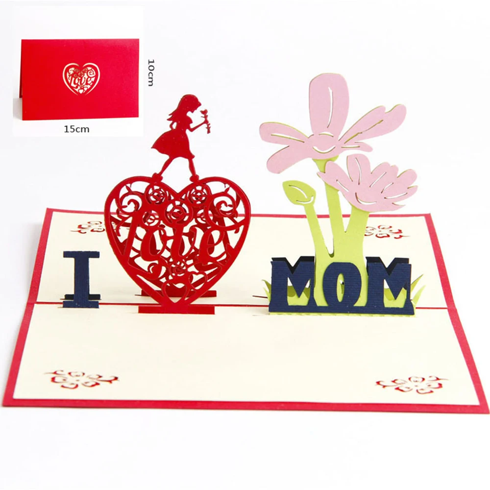  3D Love Heart & Flower Mother's Day Invitation Postcards I Love MOM Gifts Creative Greeting Cards w - 33001103856