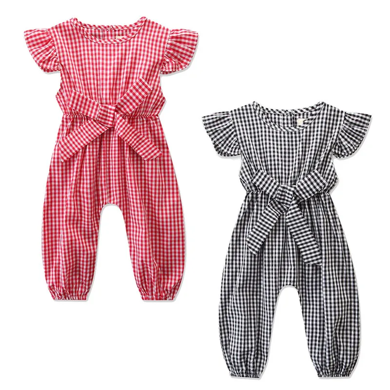 

Summer Cute New Infant Newborn Baby Girl Casual Playsuit Butterfly Sleeve Plaid Solid Color Romper Outfit Clothes