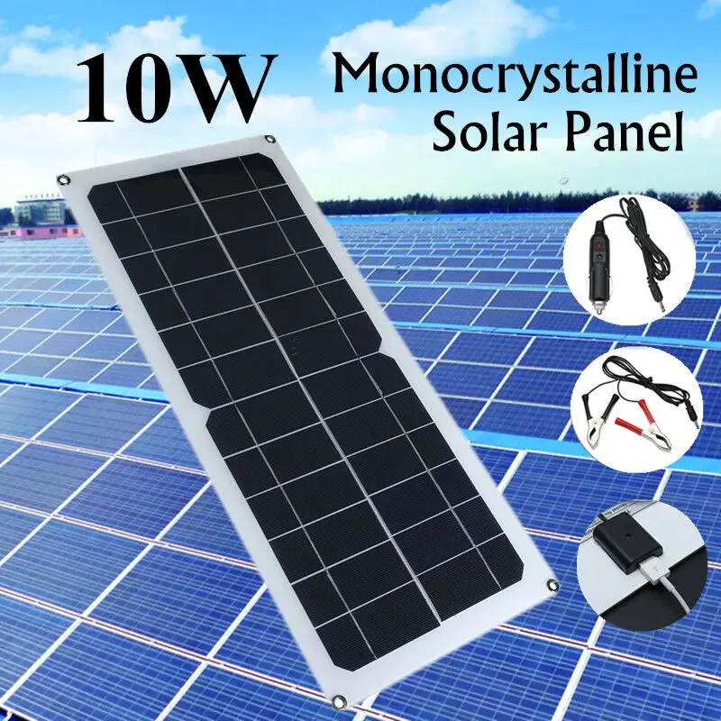 

10W 12/5V Solar Charging Board Monocrystalline Silicon USB Solar Panel Charger+2X Alligator Clip+Car charger